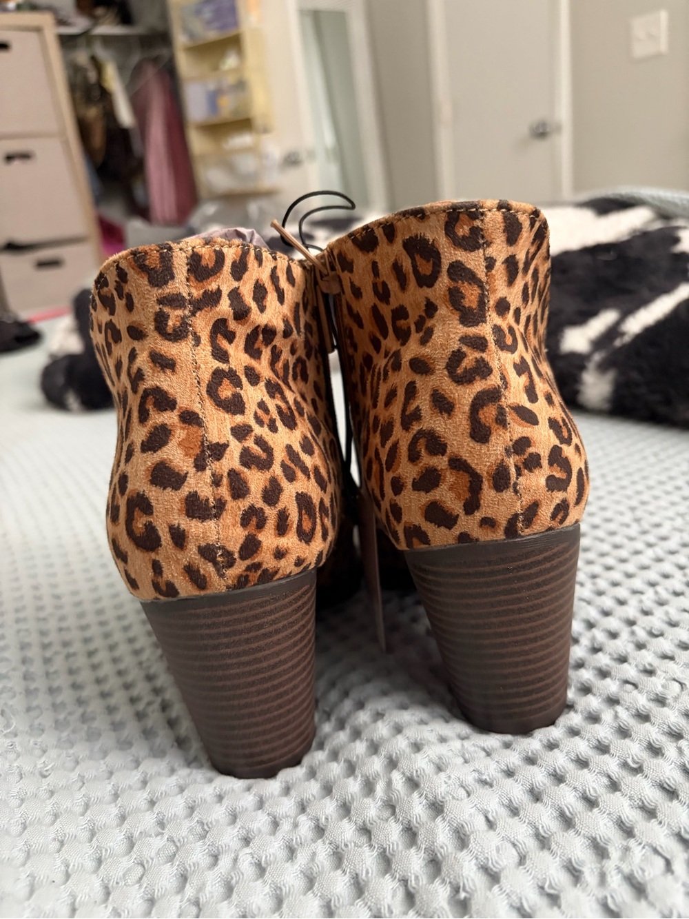 Leopard Print Ankle Booties with Stacked Block Heel - Tan/Black